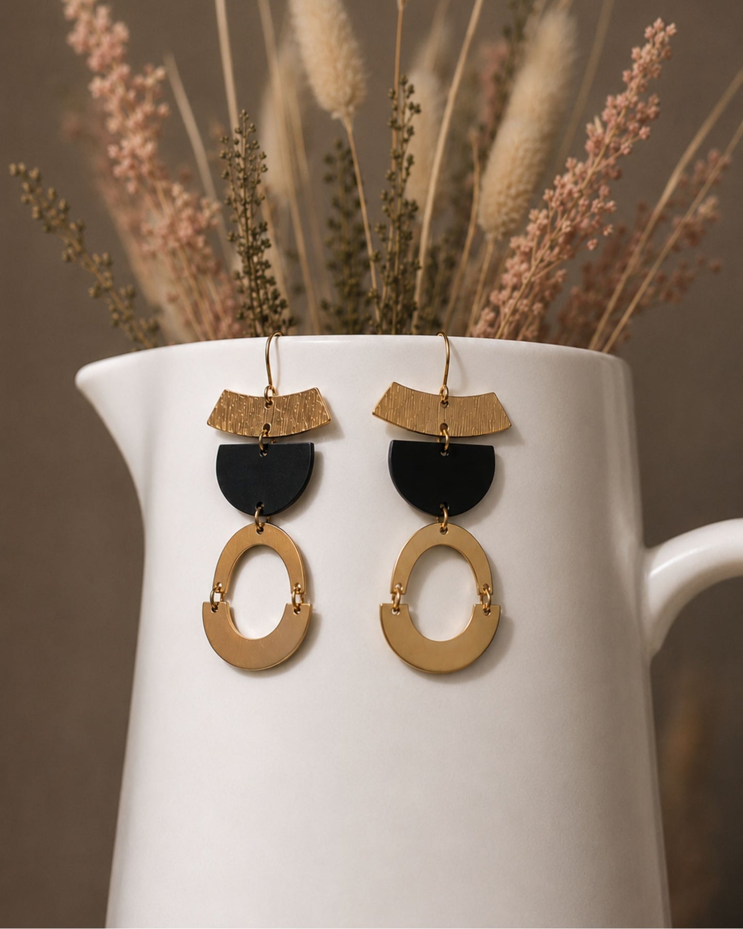 Gold bar and black semi-circle statement earrings — The Alea by Olivia Holland