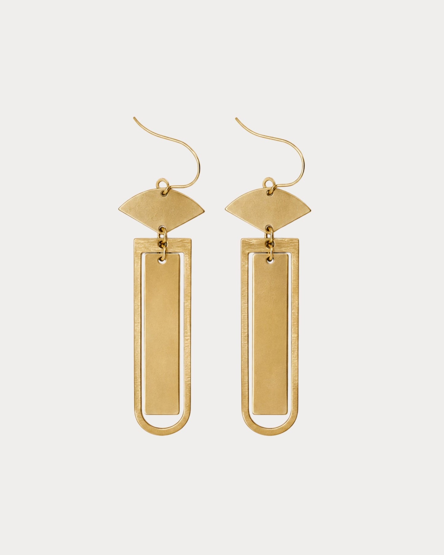 Close-up detail of The Kendall all-gold fan and rectangle earrings — Olivia Holland