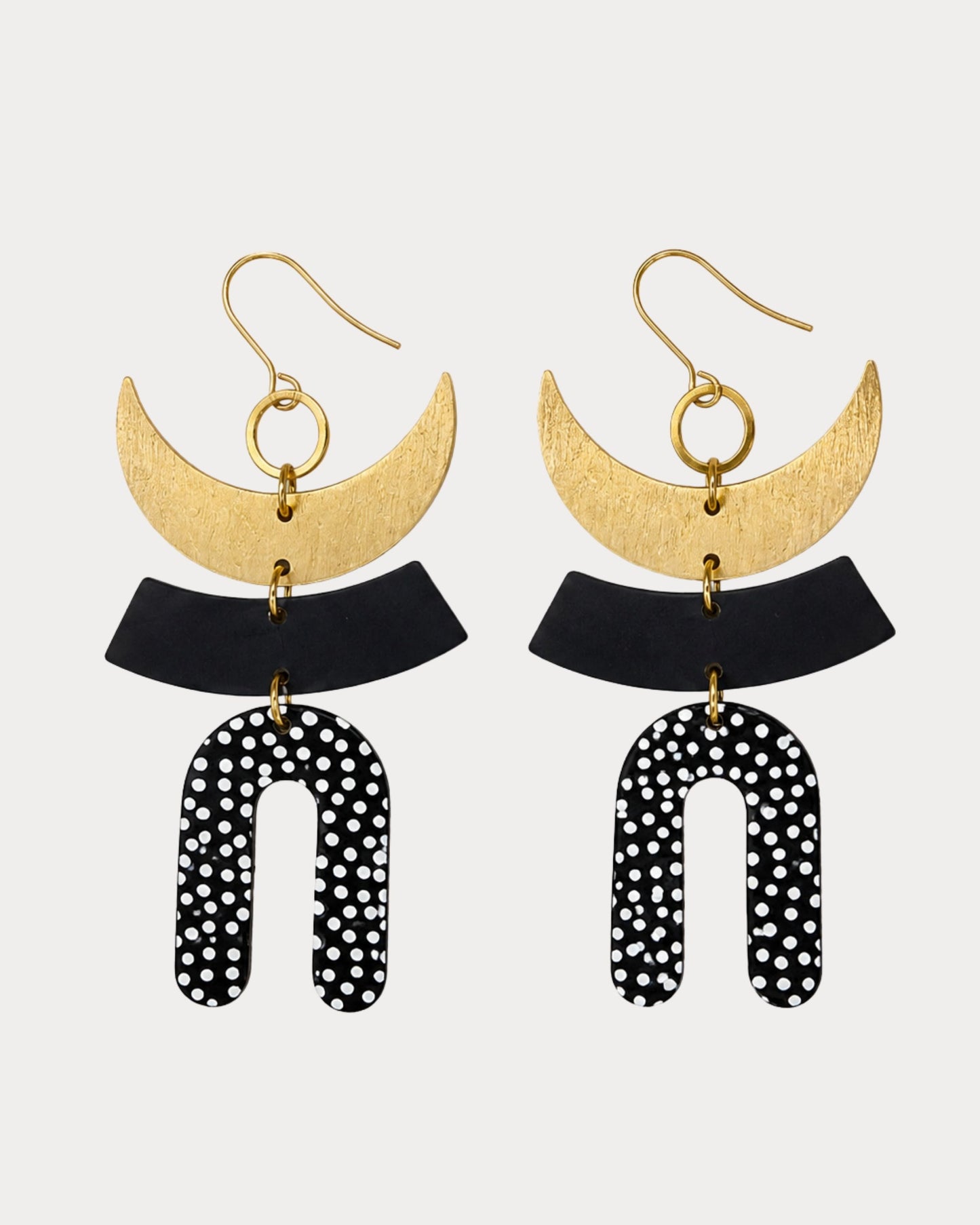 Black-and-white polka dot and gold statement earrings — The Liv by Olivia Holland