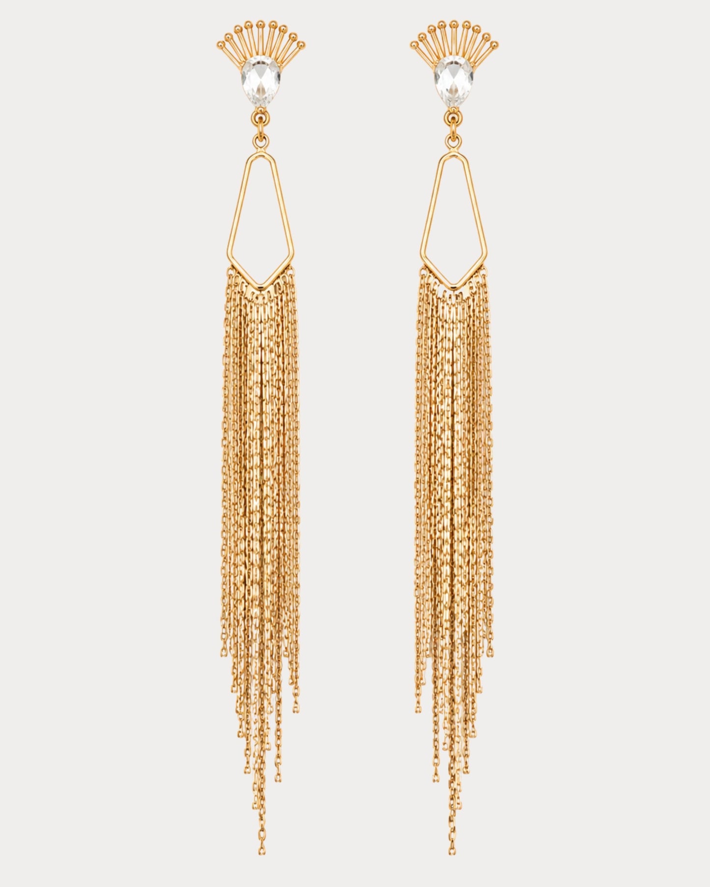 Close-up detail of The Summer long gold chain drop earrings with zircon — Olivia Holland