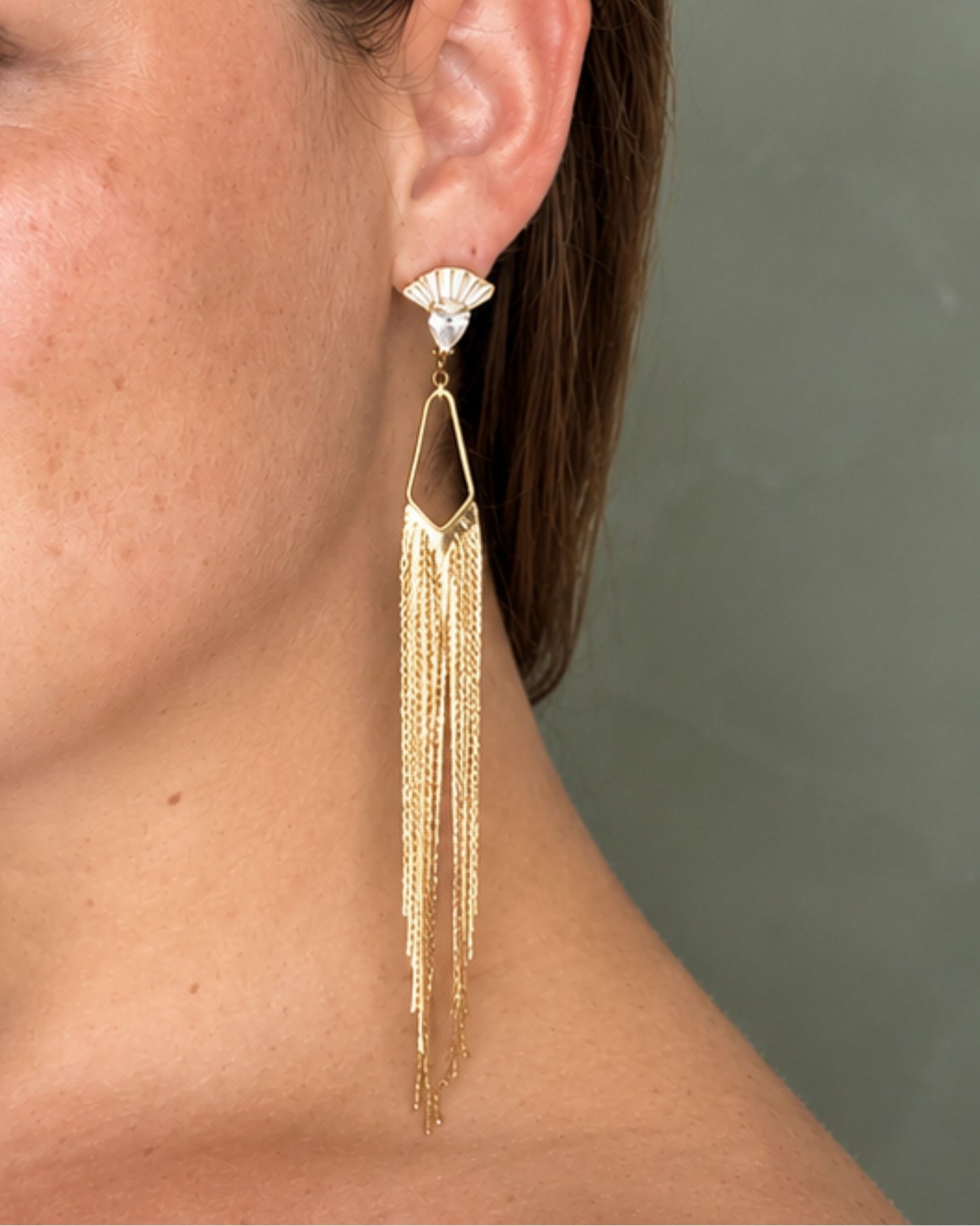 Long gold chain drop earrings with zircon — The Summer by Olivia Holland